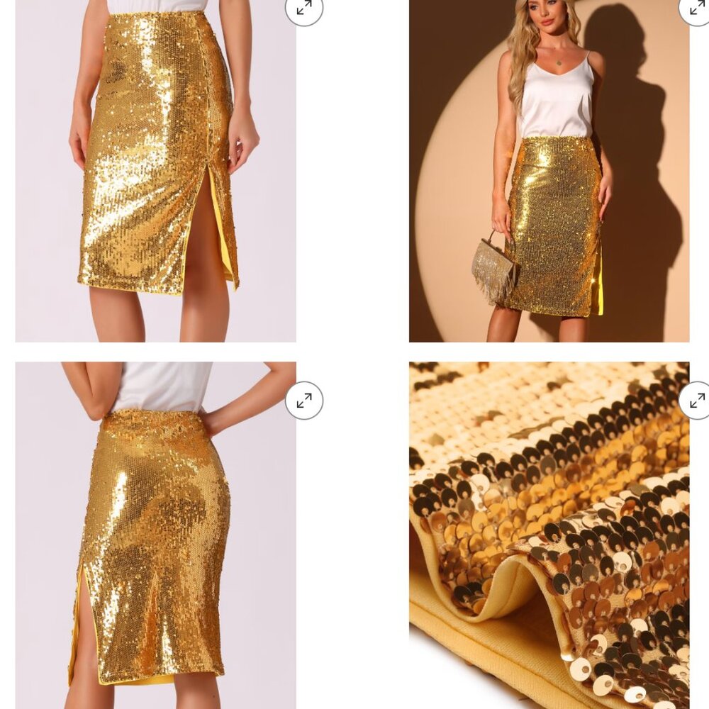 Allegra K Sequin Champagne Gold Side Slit High Waist Party Midi Skirt L - Picture 9 of 9